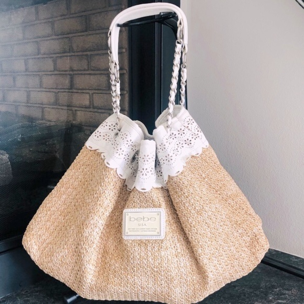Bebe Natural Straw White Leather Shoulder Bag